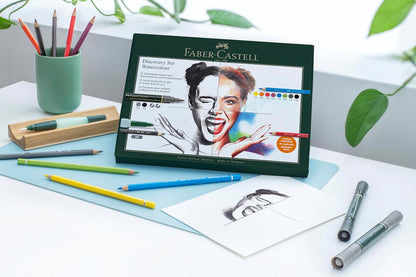 Faber-Castell Discovery Set Albrecht Durer - Juego de arte soluble en agua, 12 piezas, suministros para artistas, lápices para colorear acuarela, rotuladores de acuarela, cepillo para polvo de agua