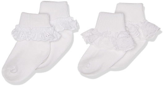 Jefferies Socks Paquete de 2 calcetines de encaje con ojales y ribete de encaje, color blanco/blanco