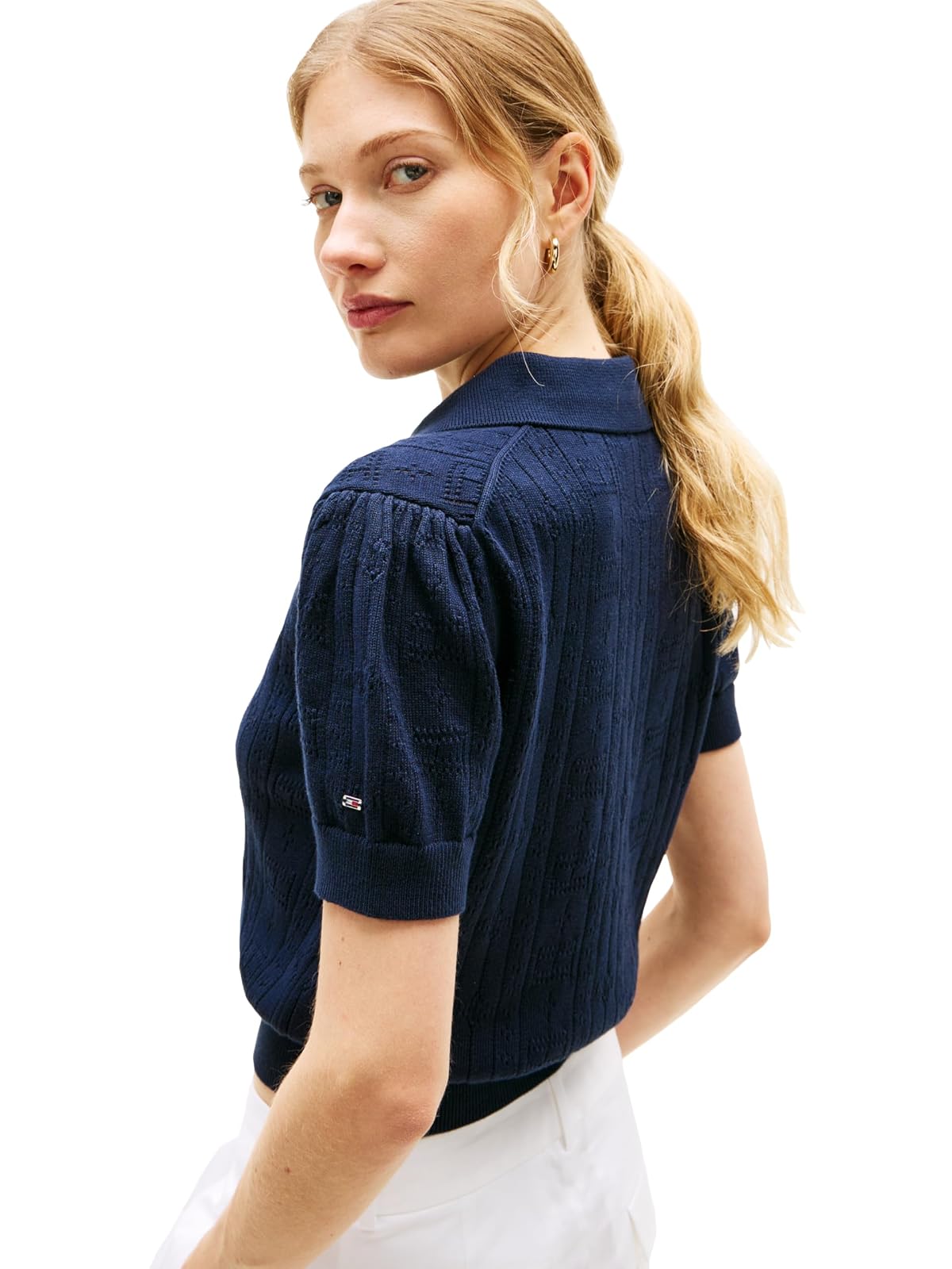 Tommy Hilfiger Short Sleeve Cotton Polo Sweater Pointelle Knit Cropped Polo Shirt with Puff Sleeve Suéter Mujer
