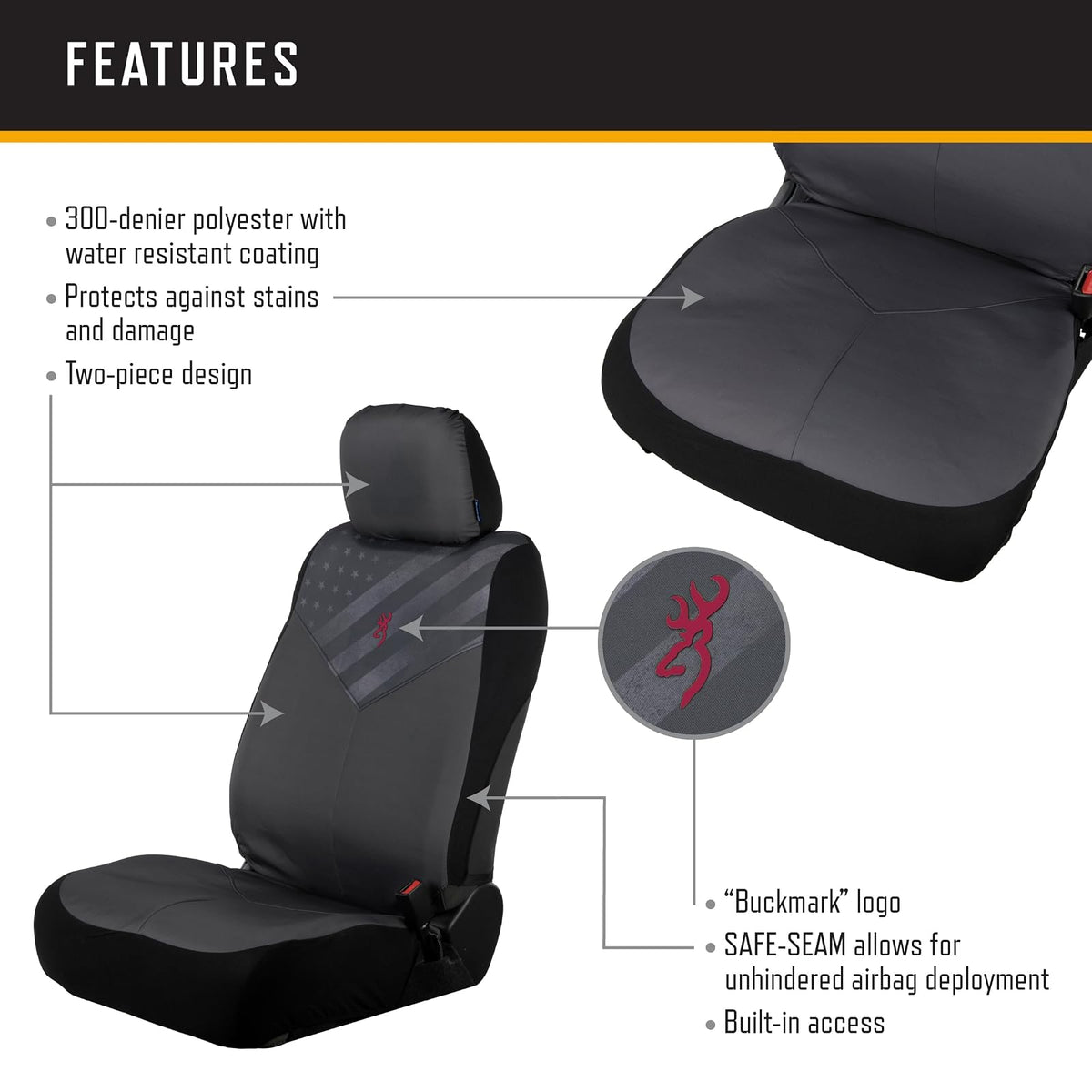 Browning Funda de Asiento Universal para Automóvil, Camión y SUV - Resistente al Agua, Gris/Bandera