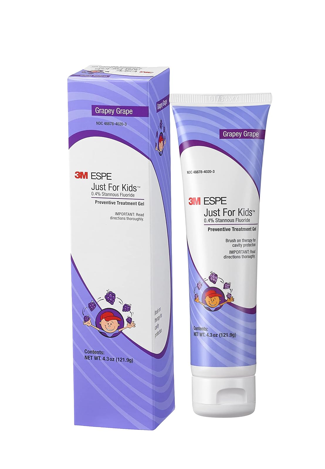 3M ESPE Just For Kids Gel Dental 12107G | Fluoruro estannoso 0.4%, sabor uva, 4.3 oz, recarga, aplicación con pincel