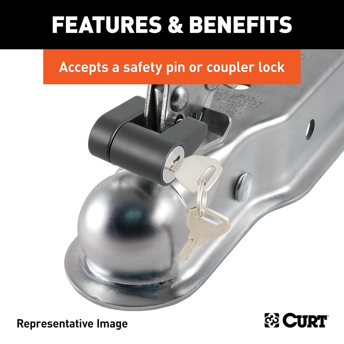CURT 25105 Acoplador de Remolque de Lengua Recta para Canal 2-1/2 in, Bola 1-7/8 in, Zinc Transparente