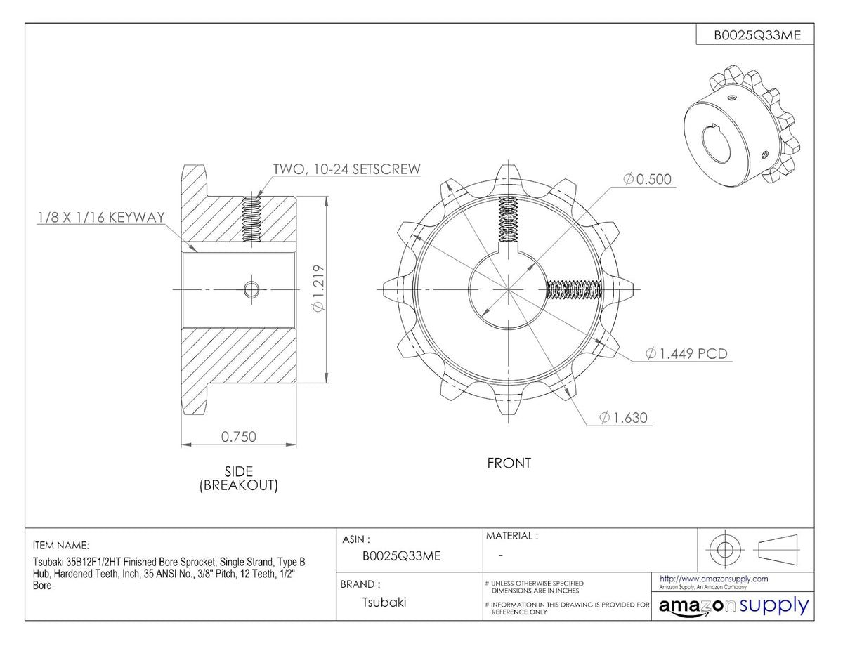 Tsubaki 35B12FH Finished Bore Sprocket, Single Strand, Hardened Teeth, Inch, #35 ANSI No., 3/8" Pitch, 12 Teeth, 1/2" Bore