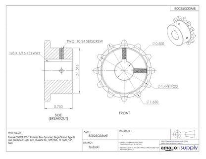 Tsubaki 35B12FH Finished Bore Sprocket, Single Strand, Hardened Teeth, Inch, #35 ANSI No., 3/8" Pitch, 12 Teeth, 1/2" Bore