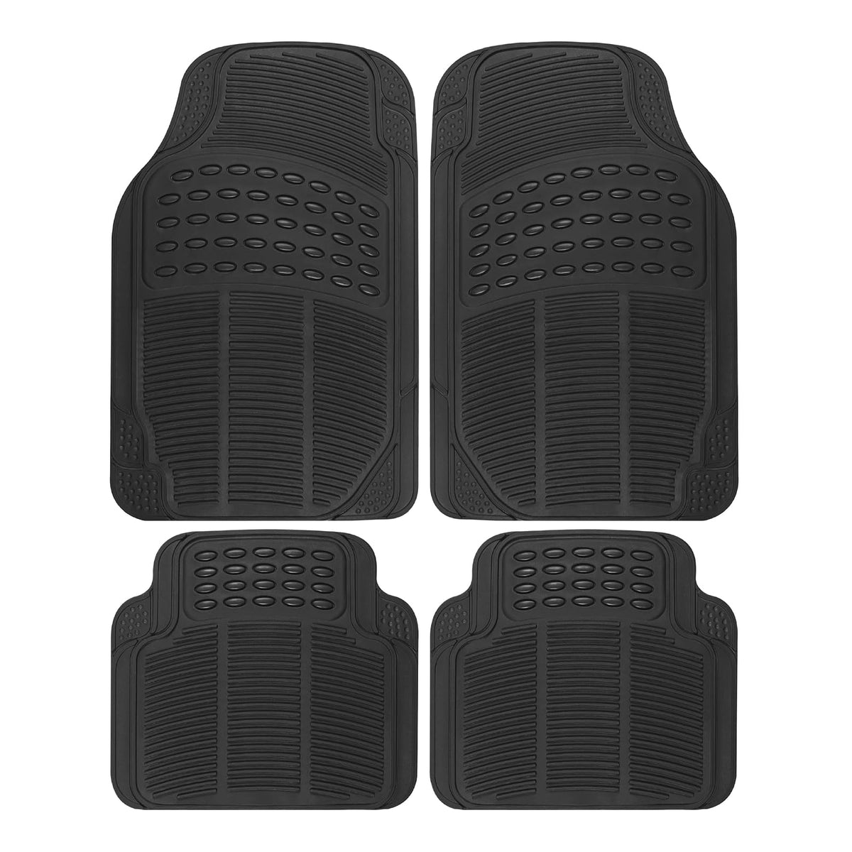 BDK todo tipo de clima alfombrillas de goma para automóvil SUV y camión - Set de 4 piezas (parte delantera y trasera), ajustable, resistente protección (Negro)