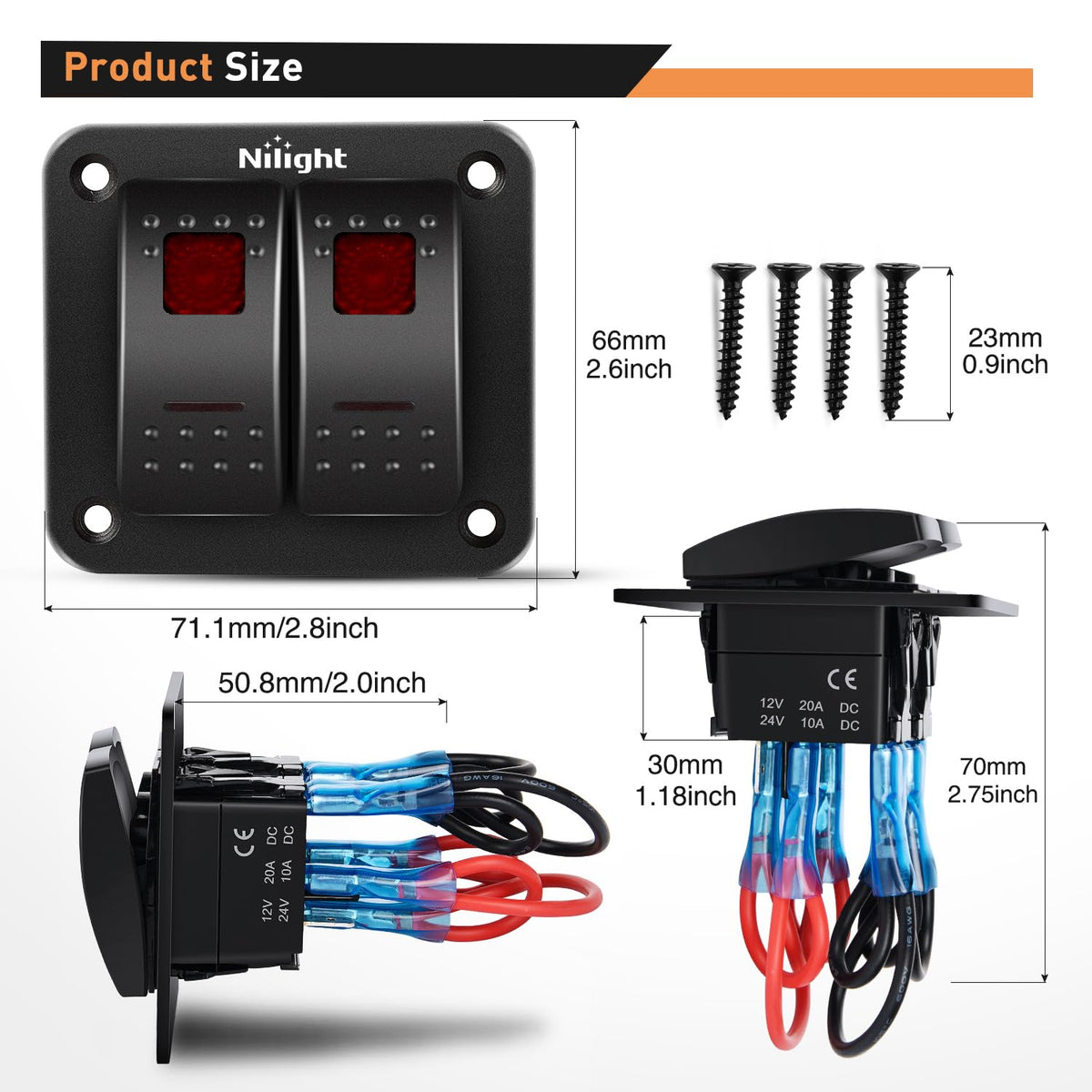 Nilight 90164B Panel de Interruptores Basculantes 2 Bandas 12 V/24 V CC Aluminio Rojo 5 Pines para Coches y ATV