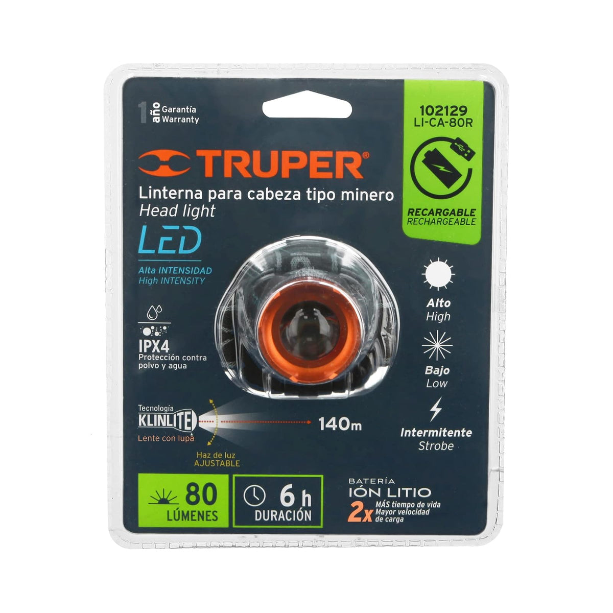 Truper LI-CA-80R, Linterna de minero, 80 lúmenes, 1 LED, recargable