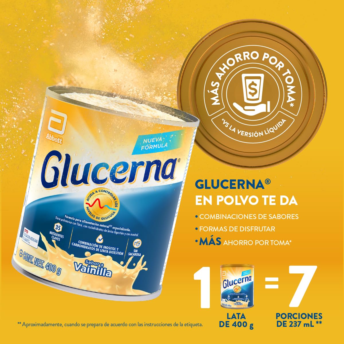 Glucerna Vainilla- Alimentación Especializada para Diabetes Polvo 400 g | Ideal para personas con diabetes tipo 1 y 2. Ayuda a estabilizar los niveles de glucosa en 4 semanas