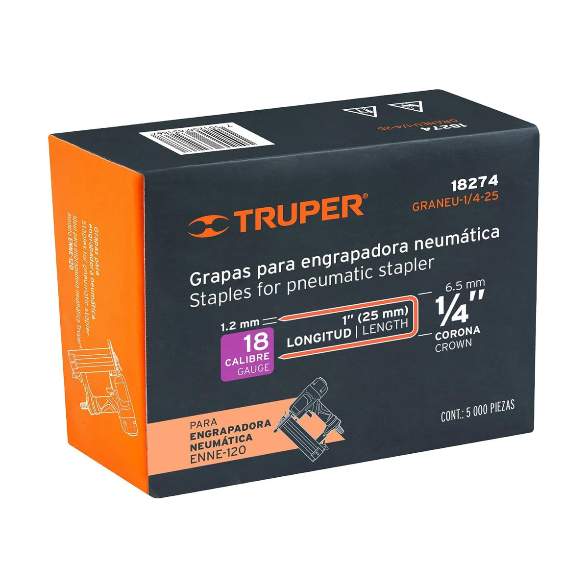 Truper GRANEU-1/4-25, Grapas para engrapadora neumática ENEU-1/4, 25mm, 5, 000 pzas