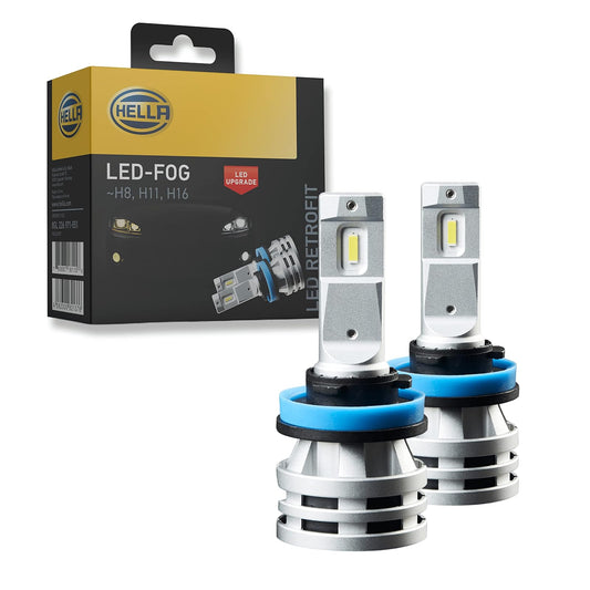 Hella 226971551 Set de 2 Focos LED Retrofit H8 H11 H16 Luz Blanca de 6500K Plug & Play Ventilador Integrado 12V 24W