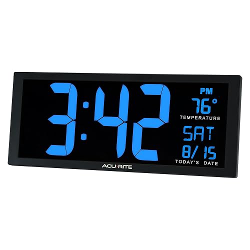 AcuRite 75127 Oversized Reloj LED con Temperatura Interior, Fecha y Soporte Plegable, 36,8 cm, Azul