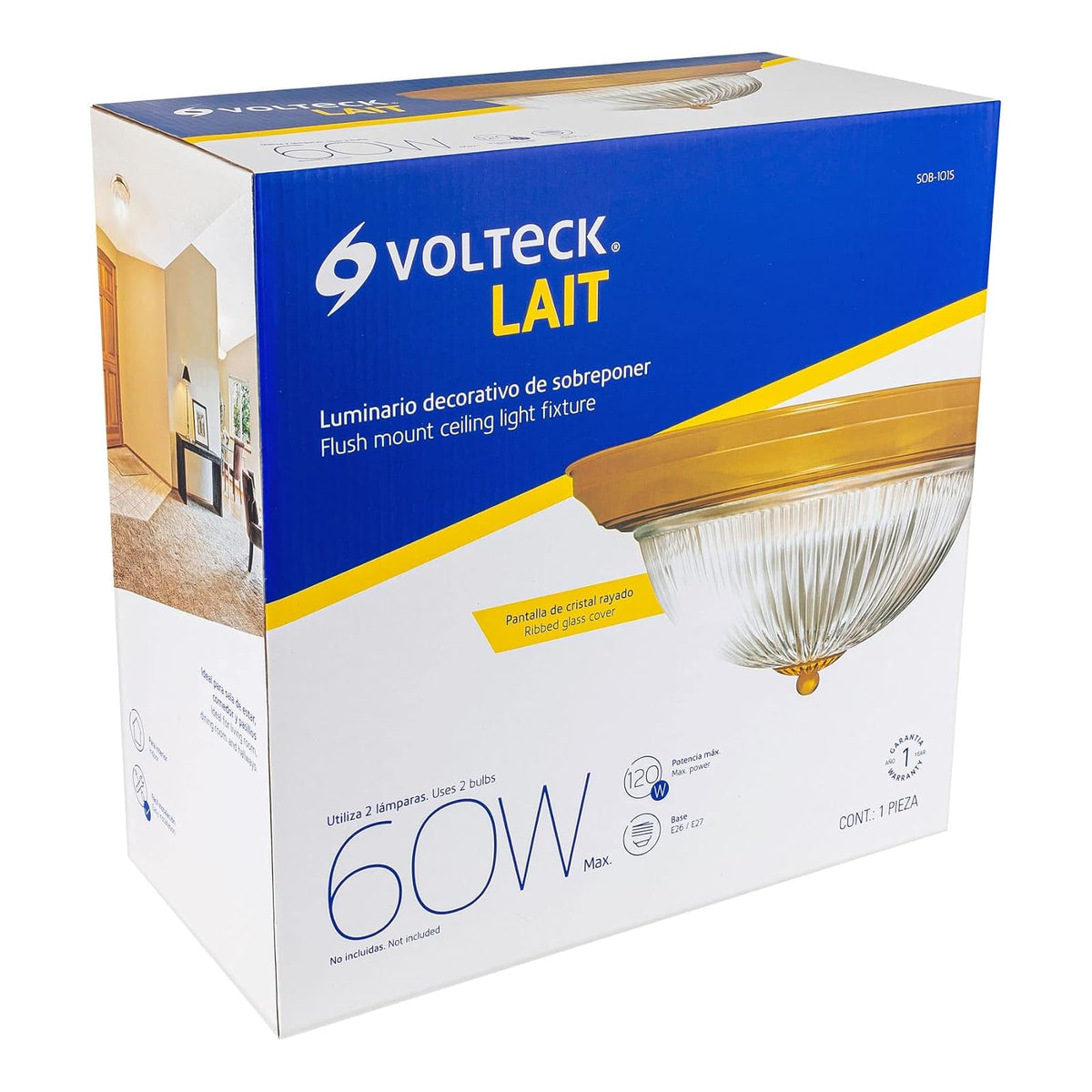 Volteck Lait SOB-101S, Luminario decorativo 15x28 cm pantalla cristal, acabado latonado, sin lámparas