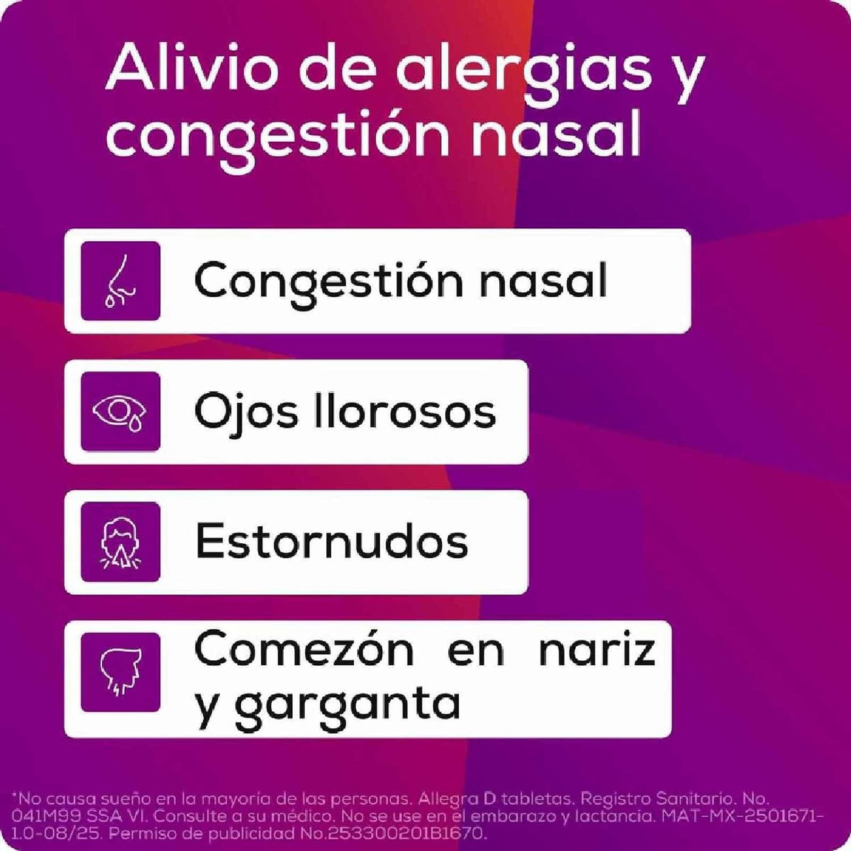 Allegra D antihistamínico para congestión nasal y alergias, 10 tabletas.