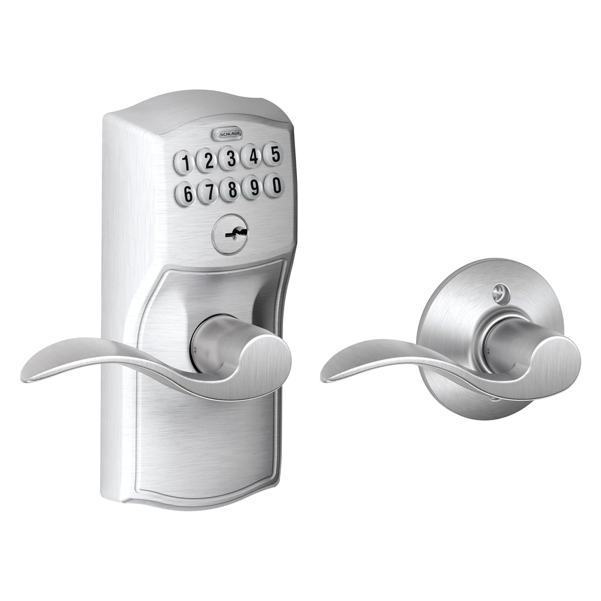 Schlage Camelot Cerradura con Teclado, Palanca Accent - Accent Lever - Cromo satinado - empaque estándar