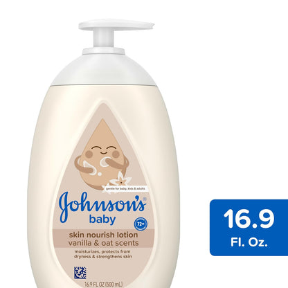 Johnson's Skin Nourish Loción hidratante para bebés para piel seca con aromas de vainilla y avena, 16.9 fl. onz