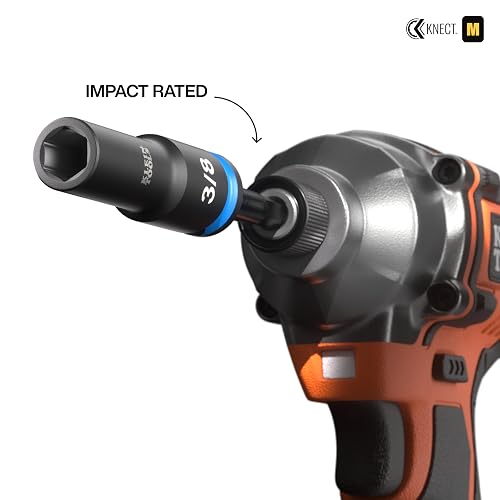 KLEIN TOOLS 65109IMPCT KNECT Juego de dados de impacto de pozo profundo de 3/8 de pulgada, juego de herramientas SAE de 9 piezas con adaptador de destornillador de impacto, adaptador de llave