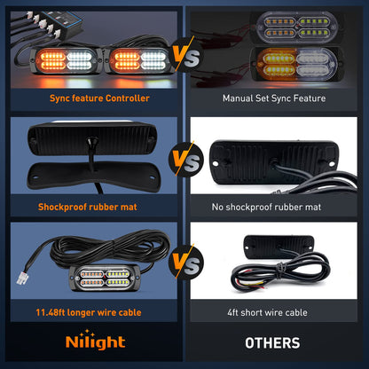 Nilight 4PCS LED Strobe lights 12V Sync Feature Amber White 24LED Emergency Hazard Warning Lights with Controller Hard Wire or Cigarette Lighter Plug for Car Truck RVs Campers