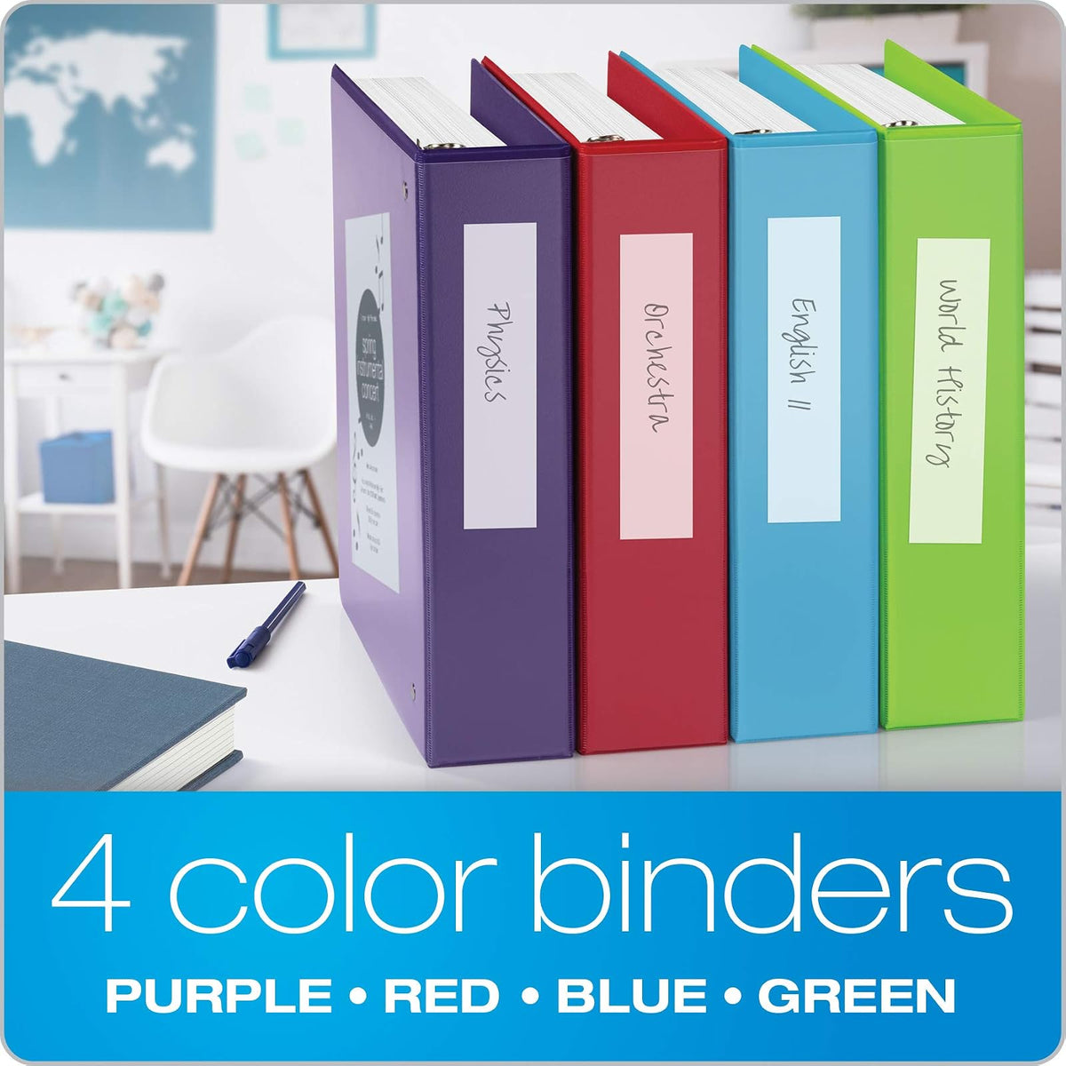Cardinal Carpeta de 3 Anillos ClaroVista 2 Pulgadas 475 Hojas | 4 Colores Surtidos (Rojo, Verde, Azul, Morado), Paquete de 4, Antiadherentes, Sin PVC, 2 Bolsillos Interiores