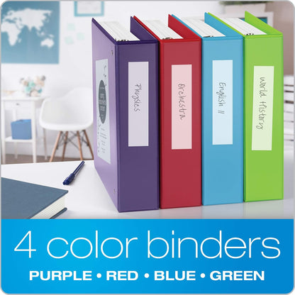 Cardinal Carpeta de 3 Anillos ClaroVista 2 Pulgadas 475 Hojas | 4 Colores Surtidos (Rojo, Verde, Azul, Morado), Paquete de 4, Antiadherentes, Sin PVC, 2 Bolsillos Interiores