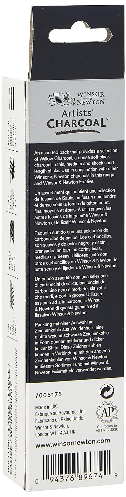 Winsor & Newton Carbón de sauce de artistas, surtido, caja de 12 unidades | Carbón de sauce rico, intensidad constante, cuidadosamente horneado, crea tonos negros o ahumados más oscuros