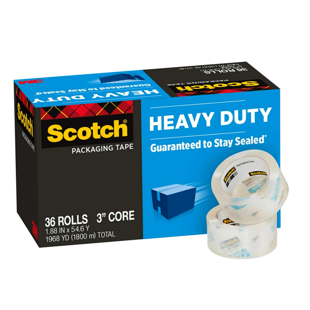Scotch Cinta de Embalaje Heavy Duty con Dispensador Recargable, 1.88 in x 54.6 yd - 36 Rollos - Transparente