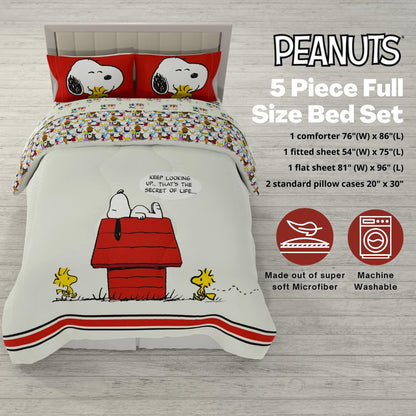 Franco, Charlie Brown & Snoopy Classic - Juego de edredón y sábanas súper Suaves, 5 Piezas, tamaño Matrimonial, Producto Oficial con Licencia.