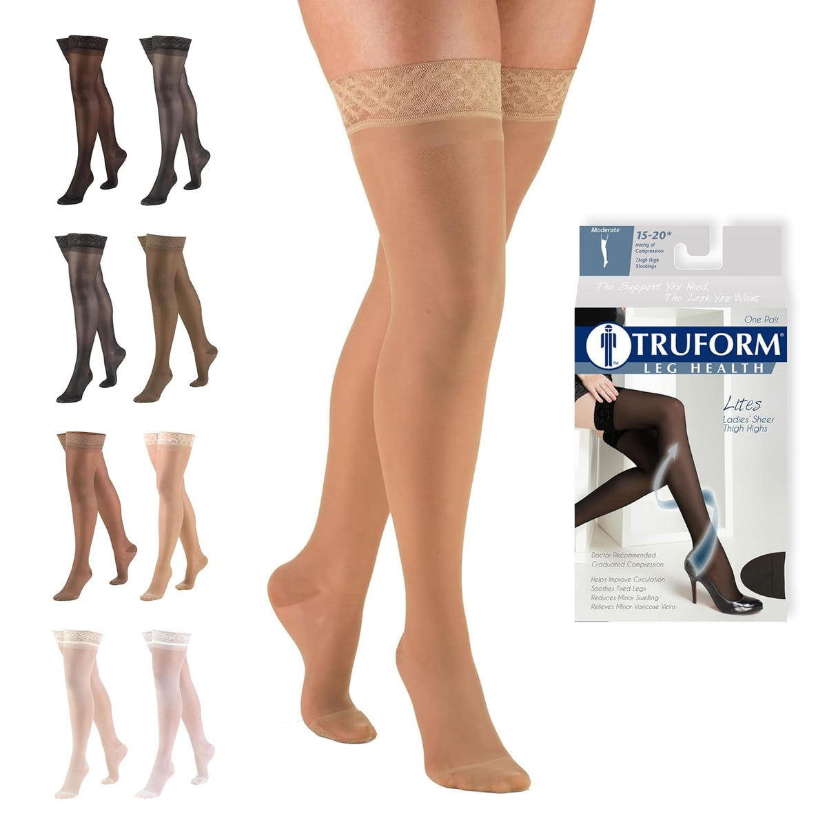 Truform Medias de Compresión Altas para Mujer, 15-20 mmHg - Large (1 Pair) - Beige