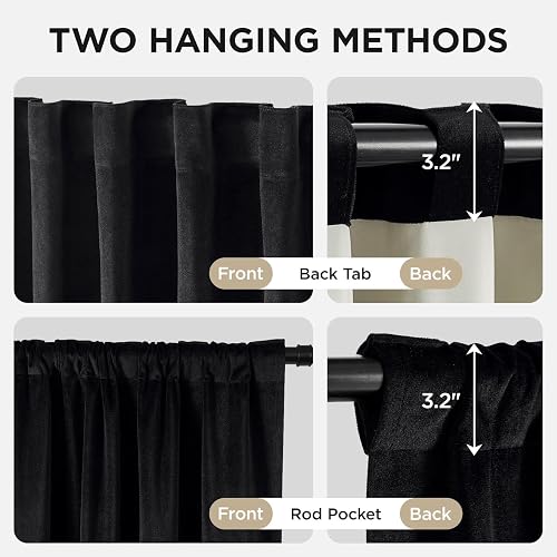 Joydeco - Cortinas Opacas 100% Negras, 2 Paneles, Cortinas de Terciopelo Negro con Aislamiento térmico de Lujo, para recámara, Sala de Estar, Cortinas Opacas insonorizadas, Bolsillo para Barra y