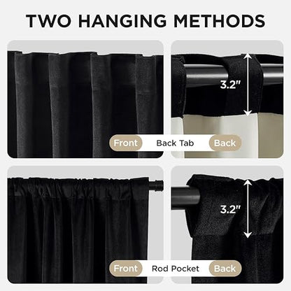 Joydeco - Cortinas Opacas 100% Negras, 2 Paneles, Cortinas de Terciopelo Negro con Aislamiento térmico de Lujo, para recámara, Sala de Estar, Cortinas Opacas insonorizadas, Bolsillo para Barra y