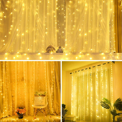 DOSYU Cortina de Luces LED Calido Blanco 3Mx3M 300LEDs, 8 Modos de lluminación, Lámparas Decorativas Impermeables para Interior y Exterior con Gancho, Luz Cadena para Navidad, Fiestas, Jardín, Boda