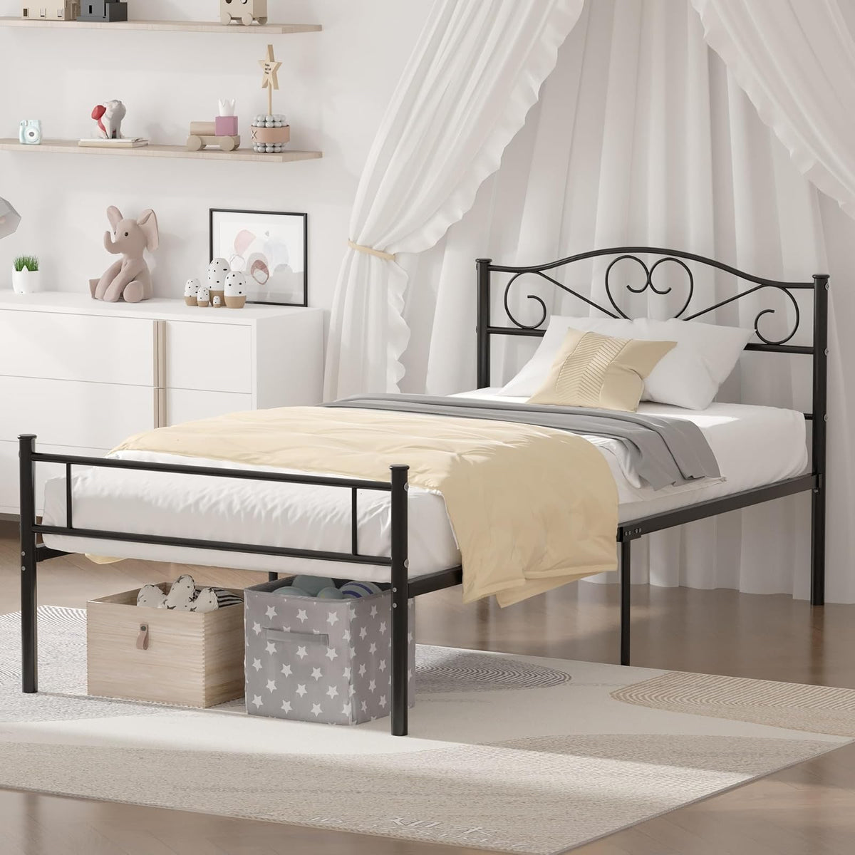 VECELO Base de Cama Individual con Plataforma de Metal, Cabecera y Estribo, Base de colchón de láminas de Acero, Color Negro