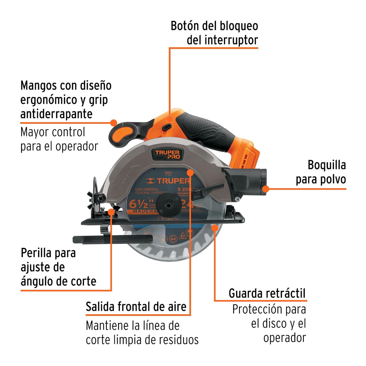 Truper Pro SICI-20AS, Sierra circular 6-1/2", 20V, solo herramienta, sin accesorios