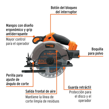 Truper Pro SICI-20AS, Sierra circular 6-1/2", 20V, solo herramienta, sin accesorios