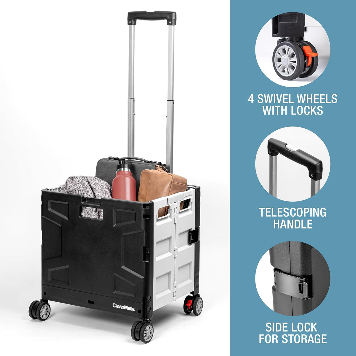 CleverMade - Caja Plegable con Ruedas con Tapa, 4 Ruedas, giratoria y Deslizante, con asa y Ruedas giratorias, para un fácil Transporte y Uso versátil, Capacidad de 35 litros y 75 Libras, Color Negro