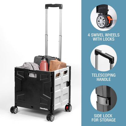 CleverMade - Caja Plegable con Ruedas con Tapa, 4 Ruedas, giratoria y Deslizante, con asa y Ruedas giratorias, para un fácil Transporte y Uso versátil, Capacidad de 35 litros y 75 Libras, Color Negro