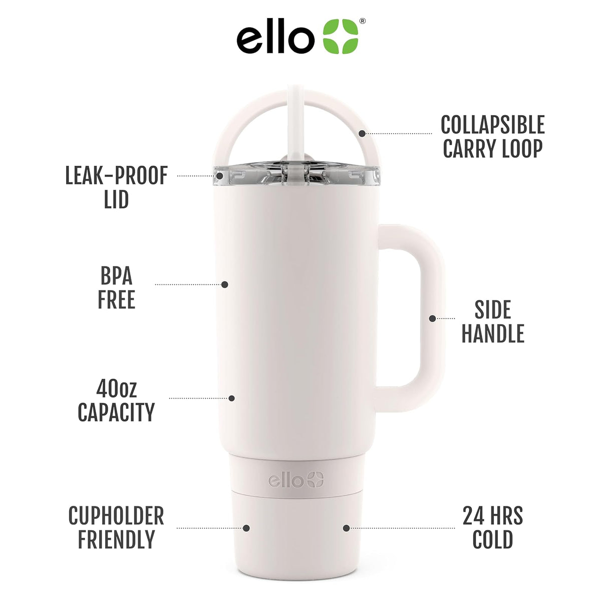 Ello Port - Vaso de 40 onzas con asa de transporte y asa integrada, botella de agua reutilizable de acero inoxidable aislada al aspiradora, taza de viaje con tapa a prueba de fugas y popote, perfecto