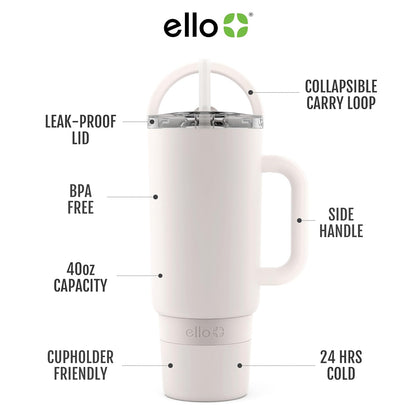 Ello Port - Vaso de 40 onzas con asa de transporte y asa integrada, botella de agua reutilizable de acero inoxidable aislada al aspiradora, taza de viaje con tapa a prueba de fugas y popote, perfecto