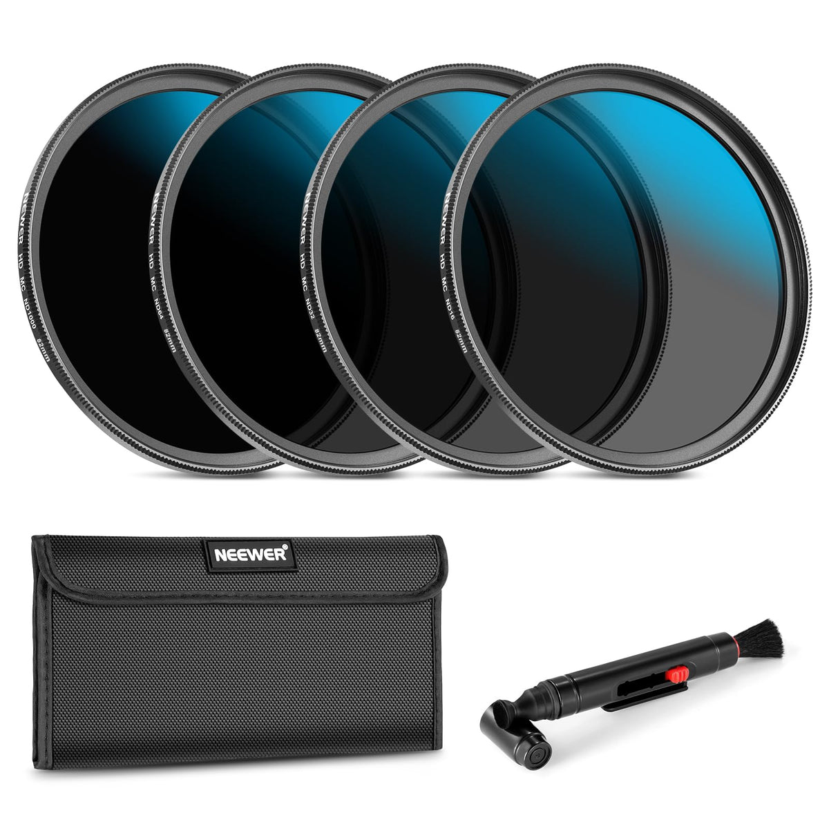 NEEWER Juego 82mm Lente Filtros ND, ND16/ND32/ND64/ND1000, Pluma de Limpieza de Lentes, Bolsa de Filtro, Kit de Accesorios de Filtro HD Compatible con Canon Nikon Sony Cámara Lentes