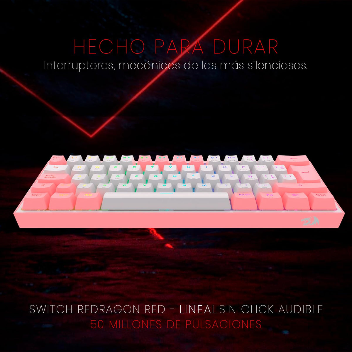 Redragon Teclado mecánico Fizz Pro Blanco/Rosa K616-RGB-WP SP Español Latinoamerica, tamaño 60%, RGB, Wireless dongle USB 2.4Ghz, Bluetooth 5.0, Compacto de 61 Teclas, switches Red, Software