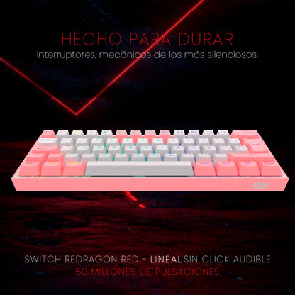 Redragon Teclado mecánico Fizz Pro Blanco/Rosa K616-RGB-WP SP Español Latinoamerica, tamaño 60%, RGB, Wireless dongle USB 2.4Ghz, Bluetooth 5.0, Compacto de 61 Teclas, switches Red, Software
