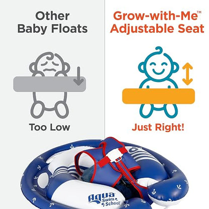 SwimSchool Freestyle - Flotador de piscina para bebé con múltiples posiciones, asiento de seguridad ajustable, natación última intervensión, doble cámara de aire, rojo, blanco, azul náutico