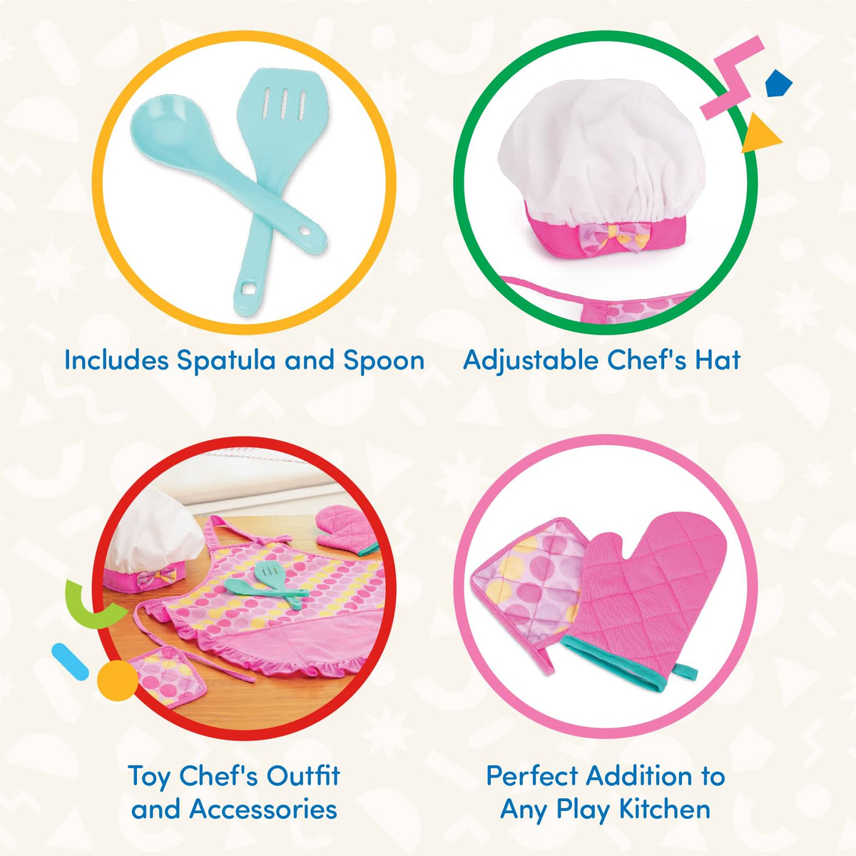 Battat Smart Cookie, Delantal de Chef Infantil con Gorro y Utensilios | Set de 6 con delantal, gorro de chef, manopla, agarrador, espátula y cuchara grande para juego de cocina, 3 años y +