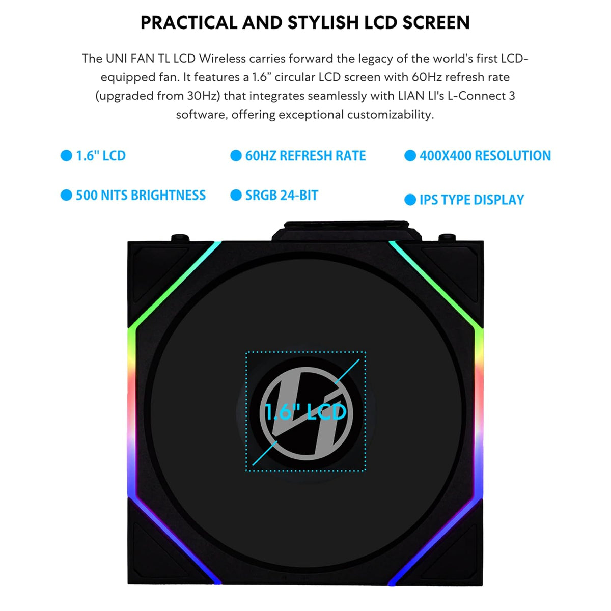 Lian Li UNI Ventilador TL LCD inalámbrico 120 paquetes triple, señal inalámbrica de 2,4 GHz, ventilador ARGB, diseño de espejo infinito, cadena de margarita, driver de efectos de iluminación