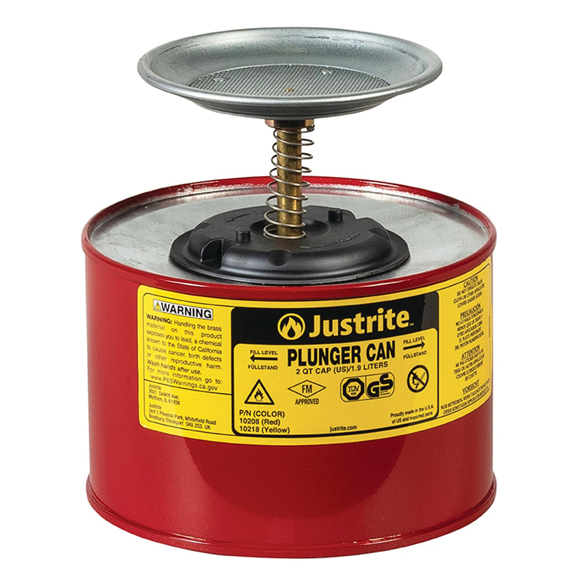 Justrite Lata de Émbolo para Disolventes, 1 Pinta, Acero - 2 Quarts