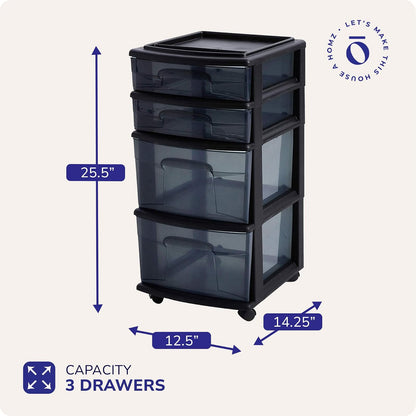 Homz Carrito de Almacenamiento de 4 Cajones | Negro, plástico sólido, 4 ruedas, alto versátil, para hogar, oficina, recámara y aula
