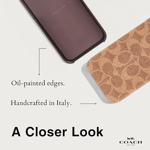 Coach Signature - Funda Delgada de Lona para iPhone 15/14/13, Compatible con Carga inalámbrica, Color café