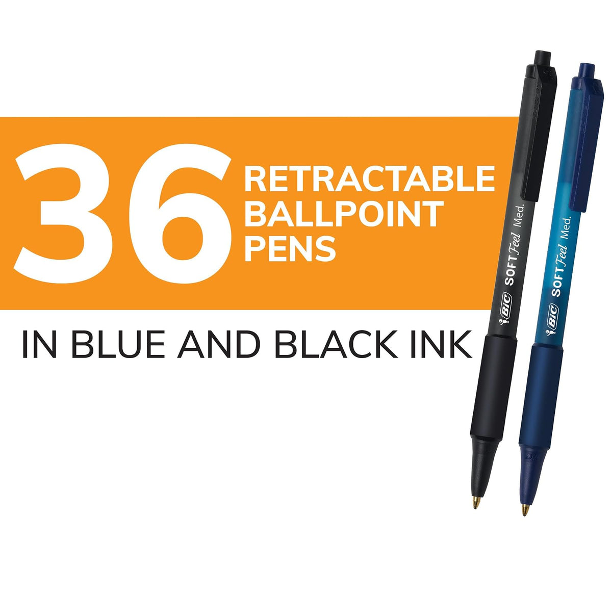 BIC Bolígrafos retráctiles de colores surtidos de tacto suave, punta media (1 mm), paquete de 36 unidades, bolígrafos negros y azules con agarre cómodo suave al tacto