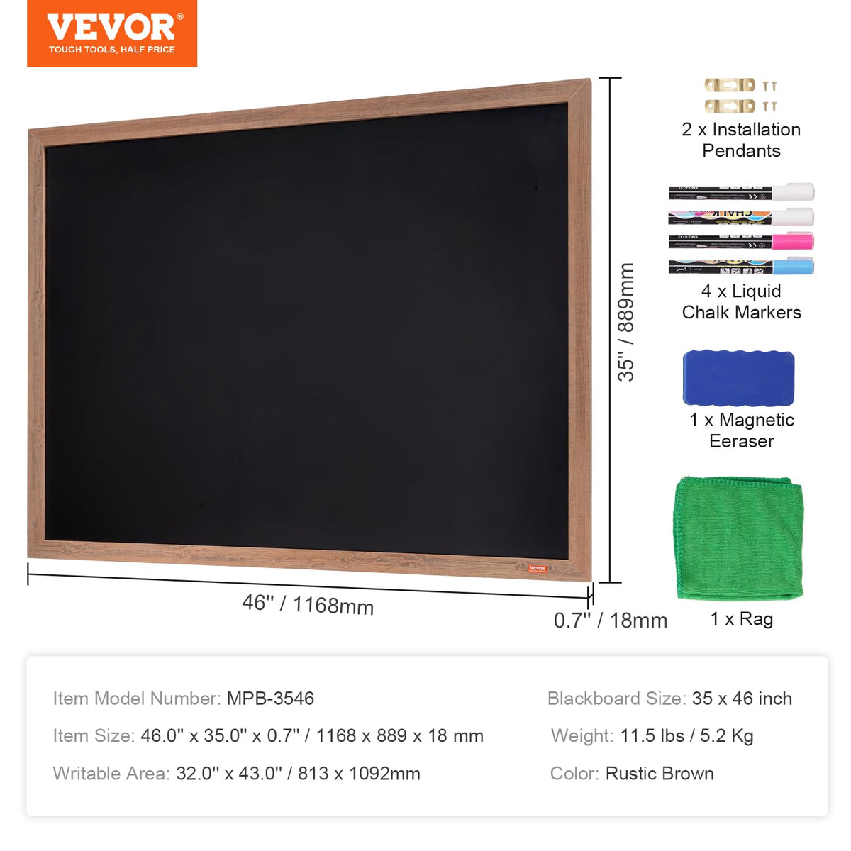 VEOVR - Tabla de gis magnética, carteles para colgar con tizas y borrador, letrero de pizarrón de madera clásico, calendario enmarcado de color café rústico y tablas combinadas, 35 x 46 pulgadas,