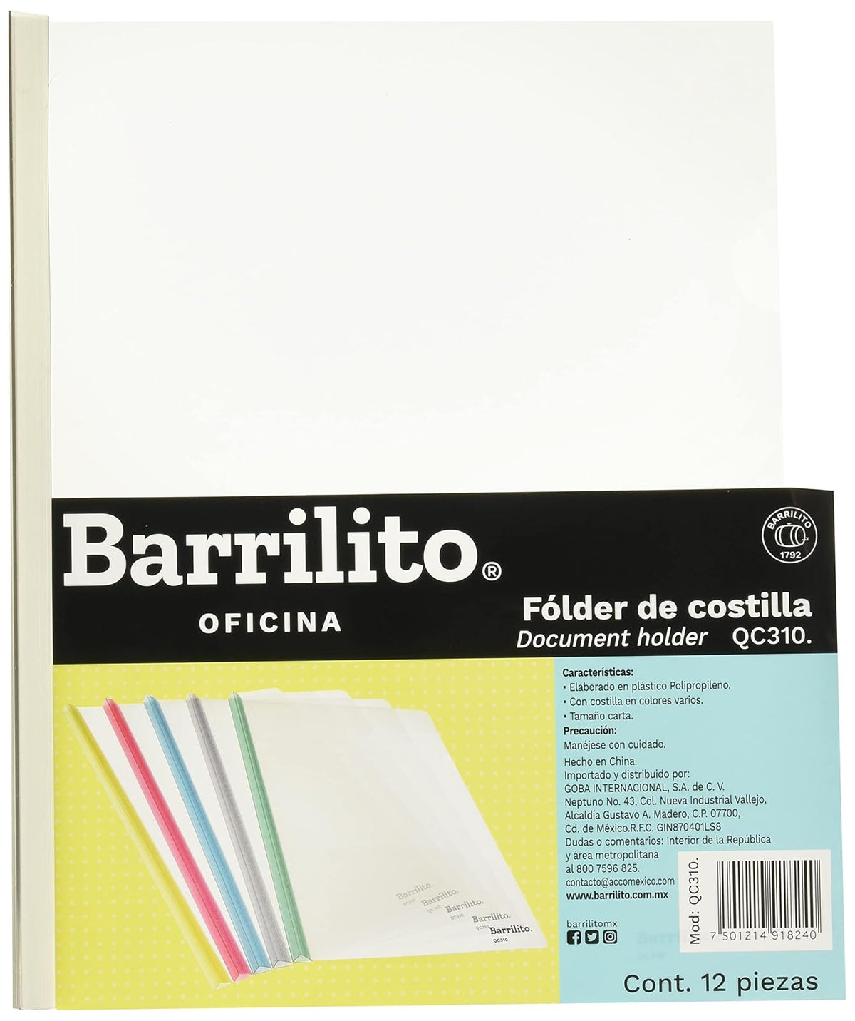 Barrilito QC310 Fólder Plástico con Costilla, 12 Piezas