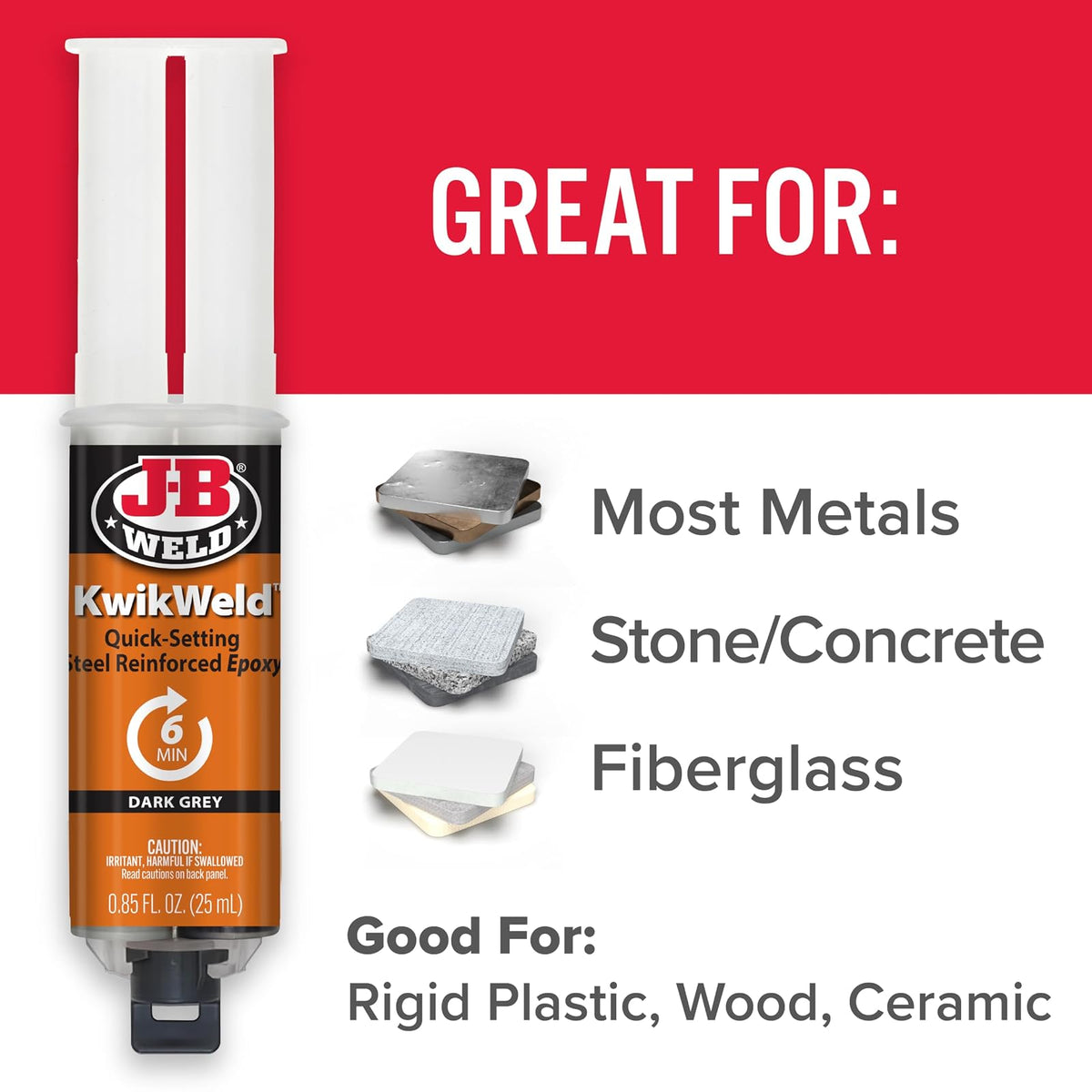 J-B Weld Epoxy KwikWeld de Alta Resistencia, Fraguado en 6 Minutos, Gris Oscuro, Paquete de 2, 25 ml, 50176-2